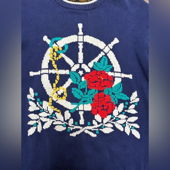 Vintage Eddie Bauer Nautical Themed Blue Sweater with Floral Design - Picture 2 of 9